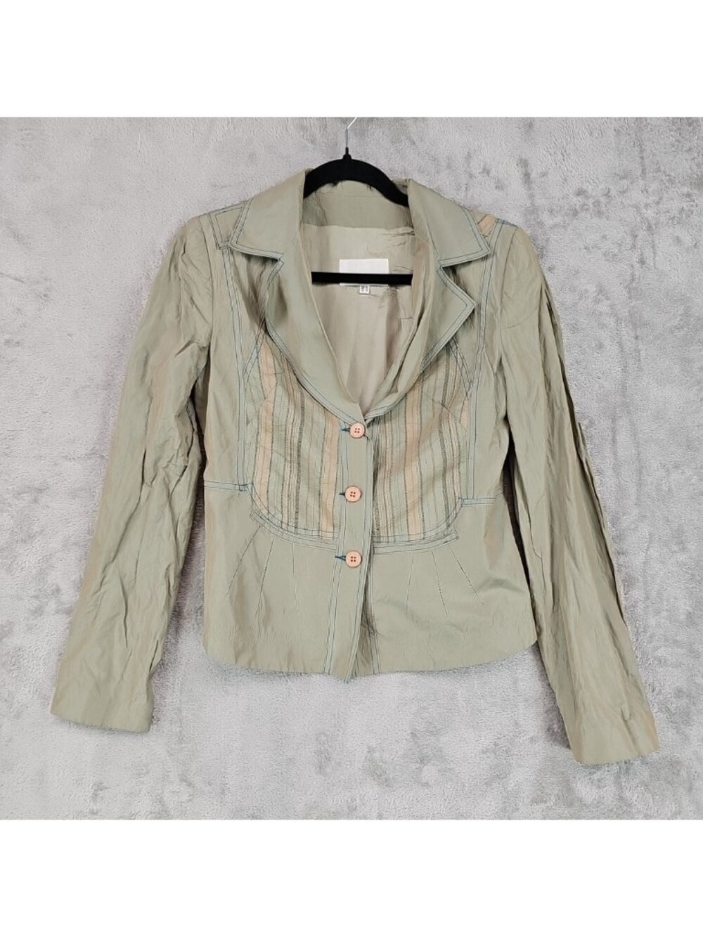 Monica Ricci Jacket Womens 6 Green Grey Striped Belted Button Short Taffeta